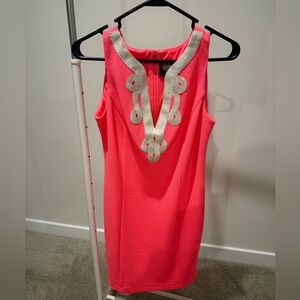 Vince Camuto Bright Pink Shift Dress with Gold Embellishment
